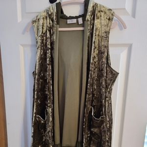 LOGO Lori Goldstein 1X Panne Velvet Hooded Vest Lace Trim Loden Green